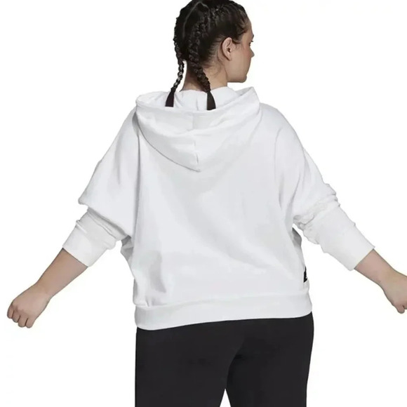 Adidas Womens White Ribbed Drawstring Logo Graphic Long Sleeve Hoodie - Picture 3 of 3